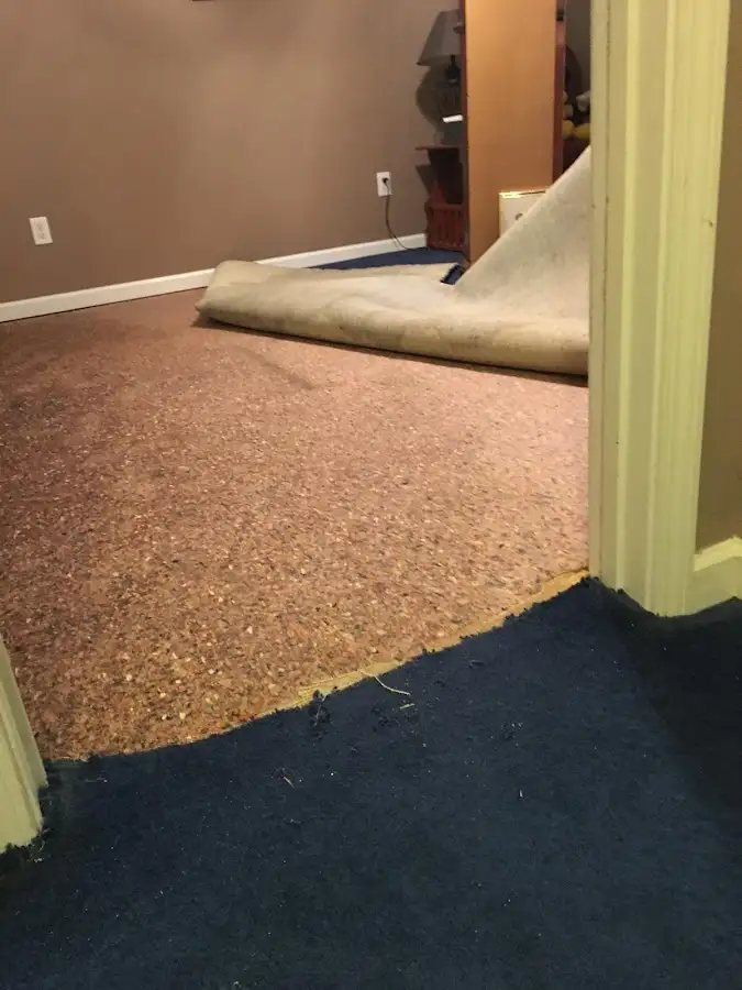 Carpet pad removal revealing water damage during Drying & Dehumidification in Emerson